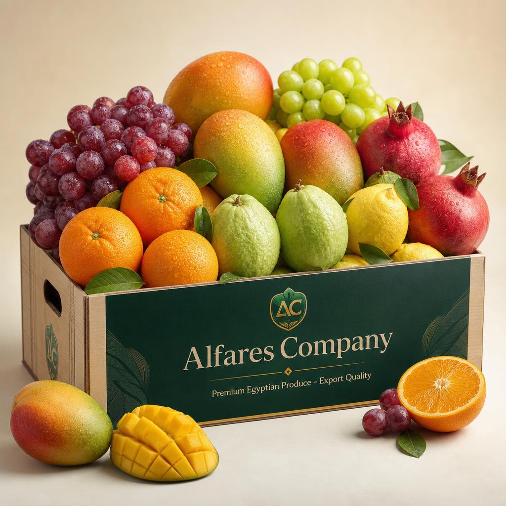 Alfares Company premium Egyptian fruit export carton with oranges, mangoes, grapes, guava and pomegranates